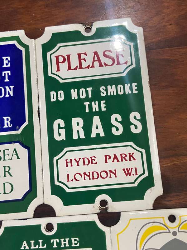 7 SMALL ENAMEL NOVELTY SIGNS FROM THE 1980s - DODO DESIGNS ENGLAND - 7x12cm each, One bid for all