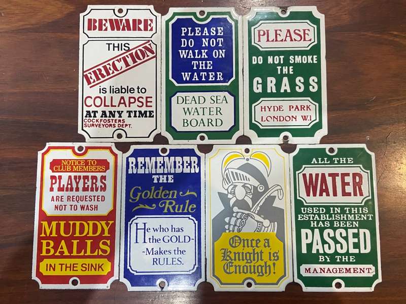 7 SMALL ENAMEL NOVELTY SIGNS FROM THE 1980s - DODO DESIGNS ENGLAND - 7x12cm each, One bid for all