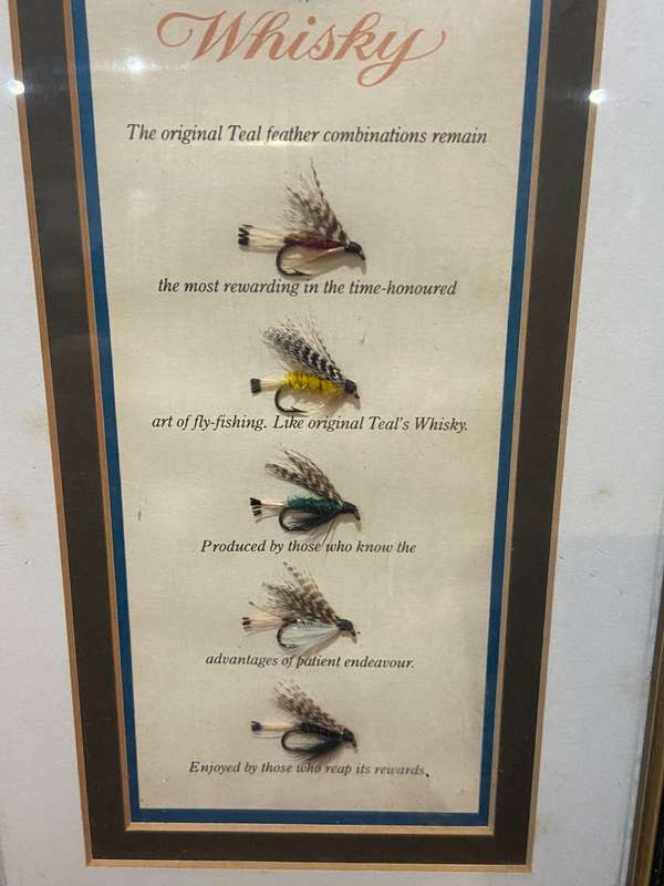 TEALS WHISKEY FLY FISHING SIGN BEHIND GLASS
