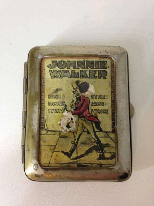JOHNNIE WALKER CIGARETTE OR PILL BOX - 1910'S - 1920'S - WHITE METAL, VERY STURDY -