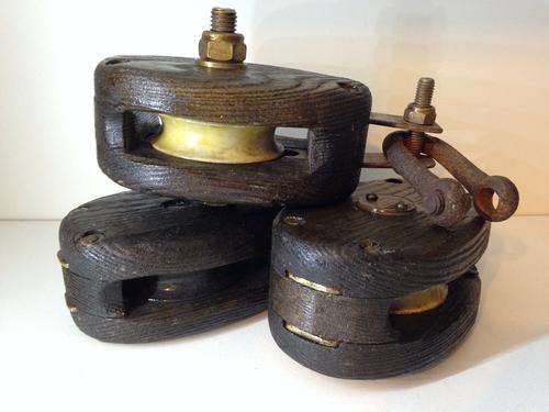 THREE NAUTICAL WOODEN PULLEYS  - GREAT FIND -