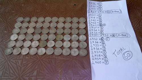 Lot of 60 Silver One Shilling Coins 1932-1960