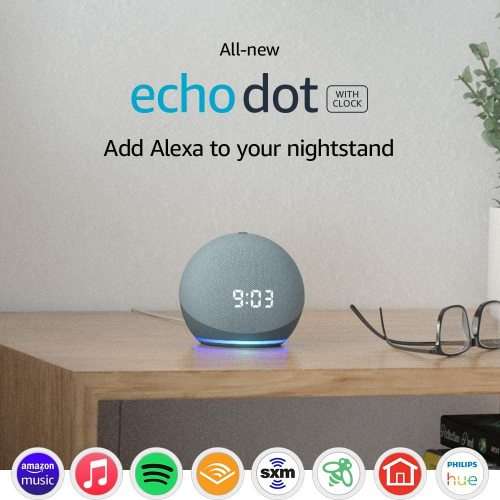 All-new Echo Dot with clock and Alexa (4th Gen) | Smart speaker | Twilight Blue