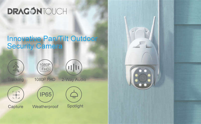 Dragon Touch OD10 PTZ - Tuya -Wifi Outdoor Camera- 2 Way Audio -Motion Detection - Works with Alexa