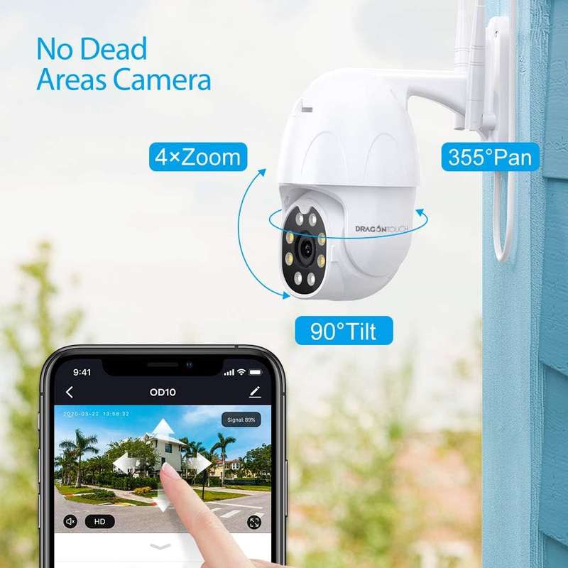 Dragon Touch OD10 PTZ - Tuya -Wifi Outdoor Camera- 2 Way Audio -Motion Detection - Works with Alexa
