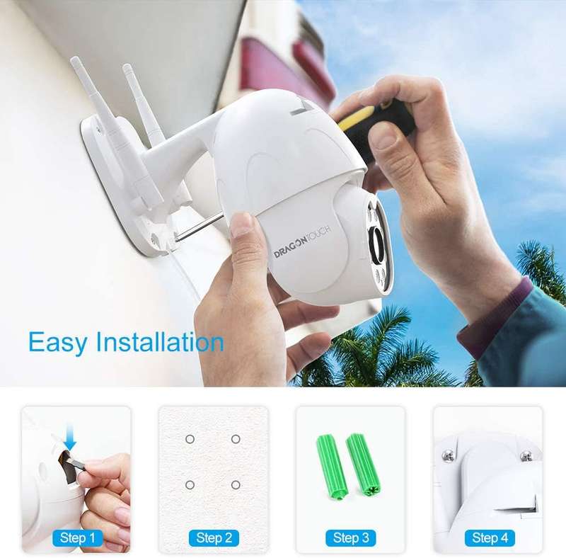 Dragon Touch OD10 PTZ - Tuya -Wifi Outdoor Camera- 2 Way Audio -Motion Detection - Works with Alexa