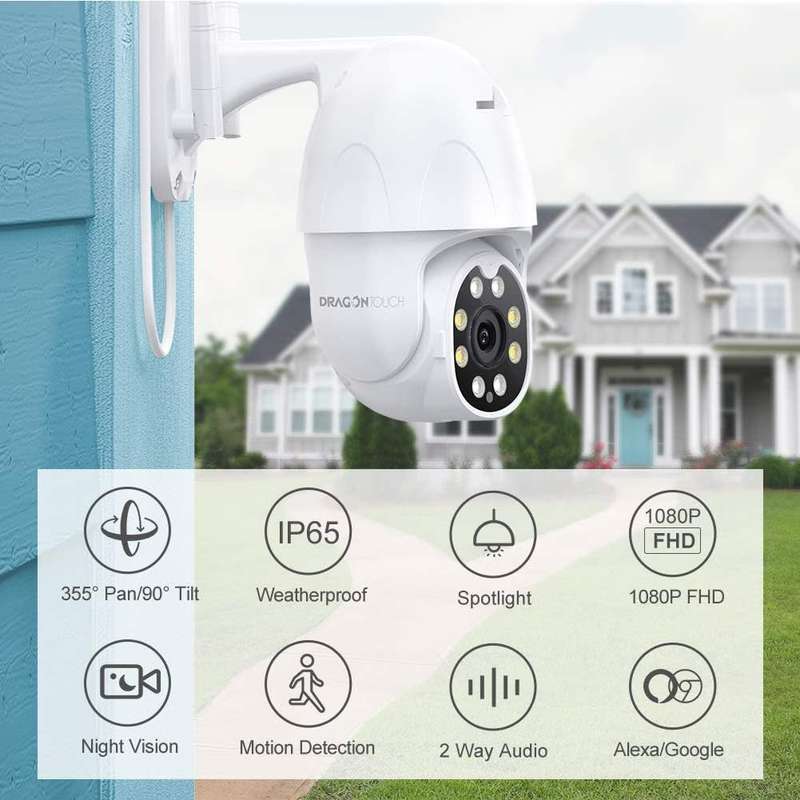 Dragon Touch OD10 PTZ - Tuya -Wifi Outdoor Camera- 2 Way Audio -Motion Detection - Works with Alexa