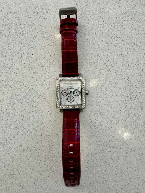 Fossil BQ9364 Women's Square Crystals Multi-Function Red Leather Watch - PREOWNED