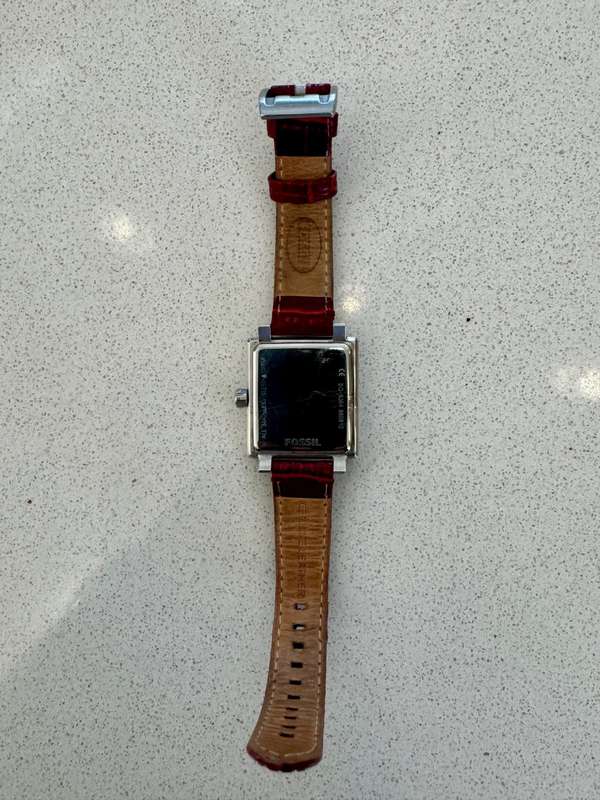 Fossil BQ9364 Women's Square Crystals Multi-Function Red Leather Watch - PREOWNED
