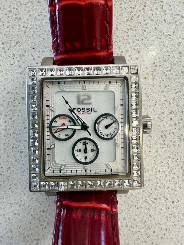 Fossil BQ9364 Women's Square Crystals Multi-Function Red Leather Watch - PREOWNED