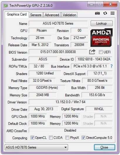 ASUS Radeon HD 7870 2GB PCI-E 3.0 x16 (hd7870-dc2-2gd5-v2) (Excellent Working Condition)