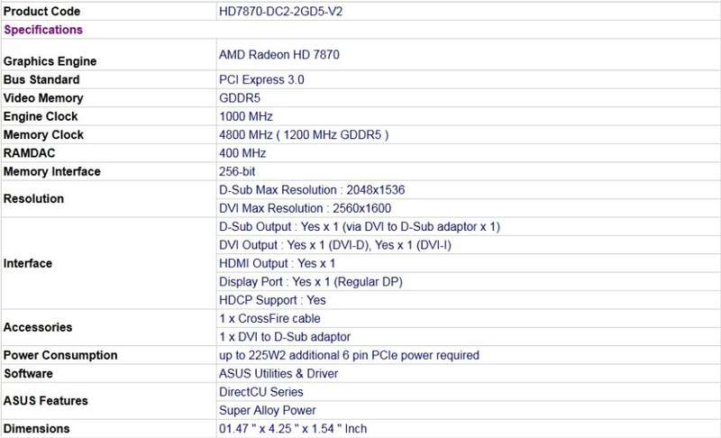 hd 7870 dc2 v2 2gb gddr5 ddr5 amd asus radeon graphics card pci express 3.0 version 1000mhz 4800mhz 1200mhz 400mhz ramdac 256-bit 128-bit double memory latency bandwidth