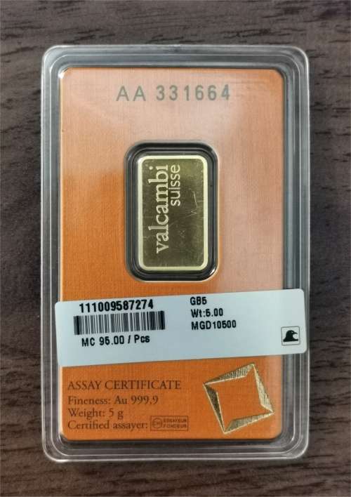 5 gram 24kt .999 Fine Gold Bar - Valcambi Suisse - Country of Origin UAE (Assay and Certified)