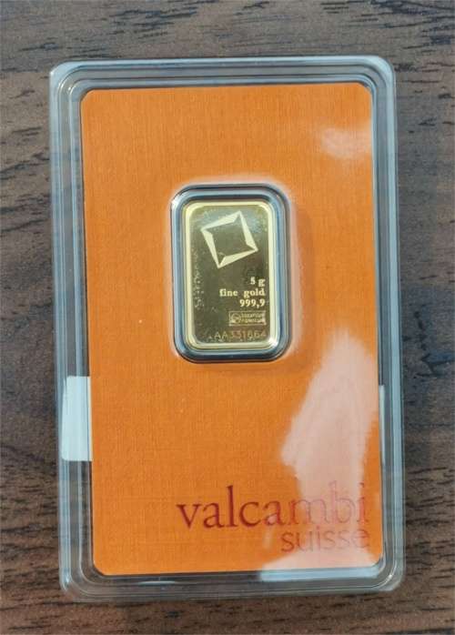 5 gram 24kt .999 Fine Gold Bar - Valcambi Suisse - Country of Origin UAE (Assay and Certified)