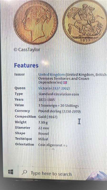 `VERY RARE`, ( 1872 SOVEREIGN GOLD COIN) 1 Sovereign-Victoria 1st / Portrait, St. George.