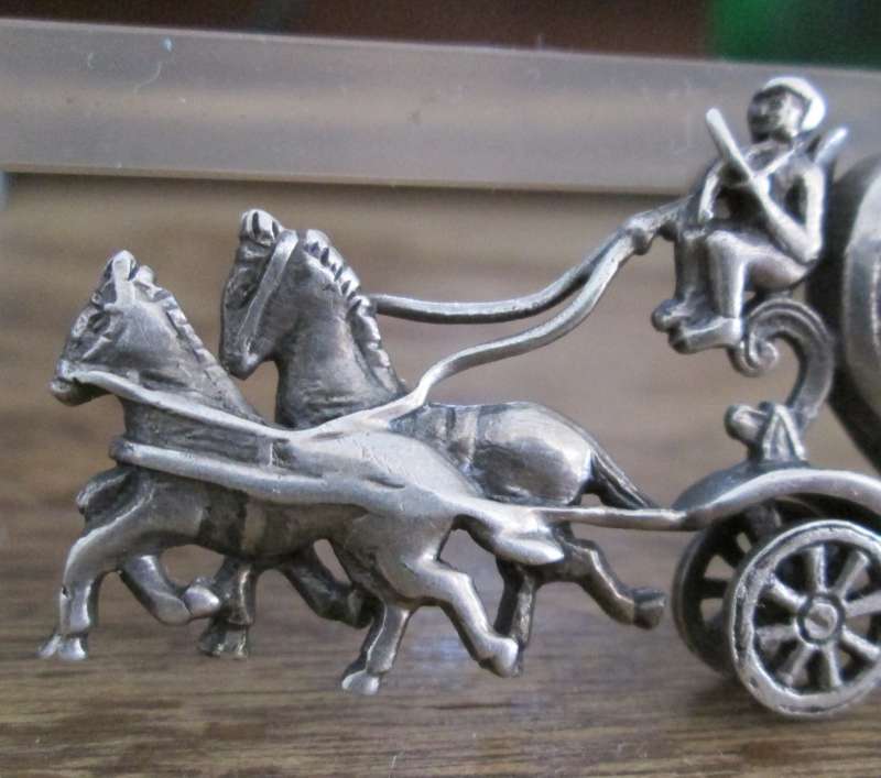 ` Vintage Brooch` Genuine 925 Silver Enamel Marcasite Horse and Carriage