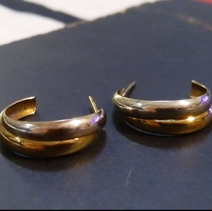 `TWO TONE` 9CT  `Yellow and White Gold` Half Hoop Earrings ( Genuine Gold.)