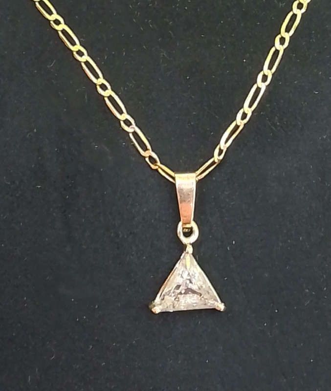 `2.20 CARAT NATURAL DIAMOND` Trillion Cut, Set in 18Ct Yellow Pendant and Chain (Genuine Gold).