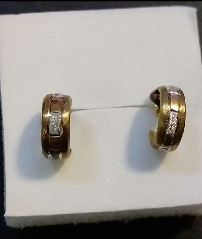 `TWO TONE` Half Hoop 9CT Yellow And White Gold Earrings. (Genuine Gold)