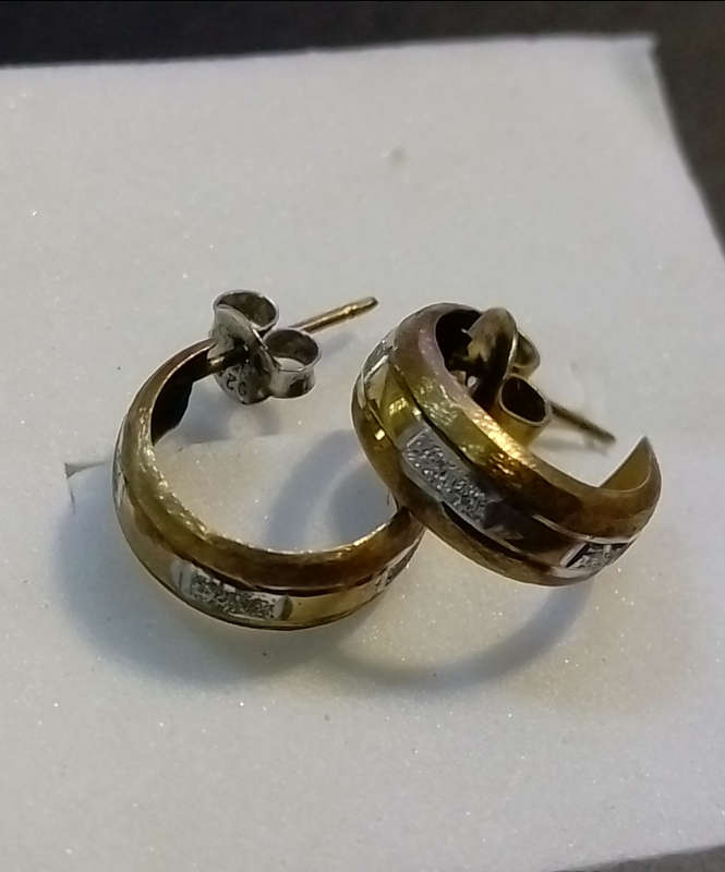 `TWO TONE` Half Hoop 9CT Yellow And White Gold Earrings. (Genuine Gold)