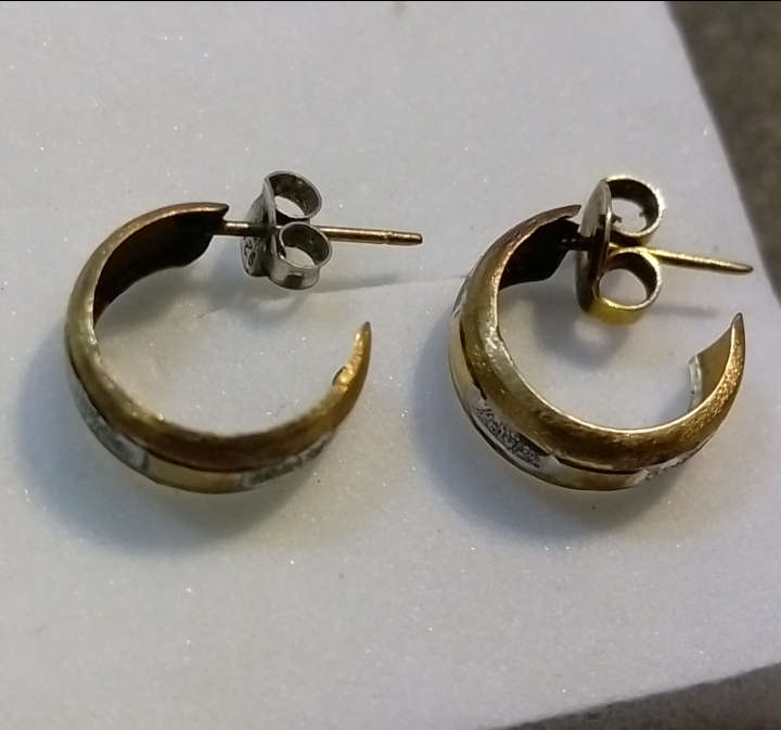 `TWO TONE` Half Hoop 9CT Yellow And White Gold Earrings. (Genuine Gold)