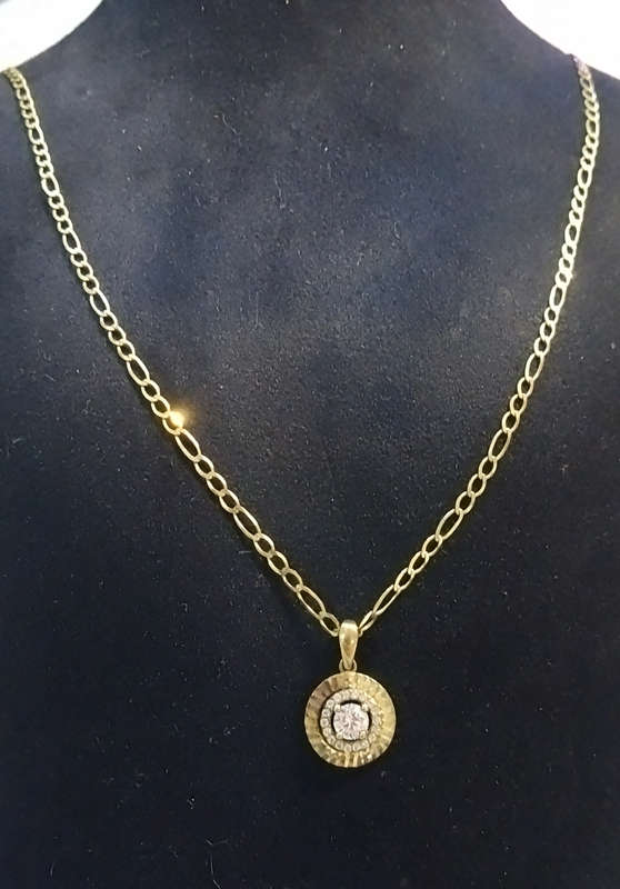 `CRAFTED` 0.25 Carat Diamond `Disc Pendant` with a `Figaro` 9CT Yellow Gold Chain.(Genuine Gold)