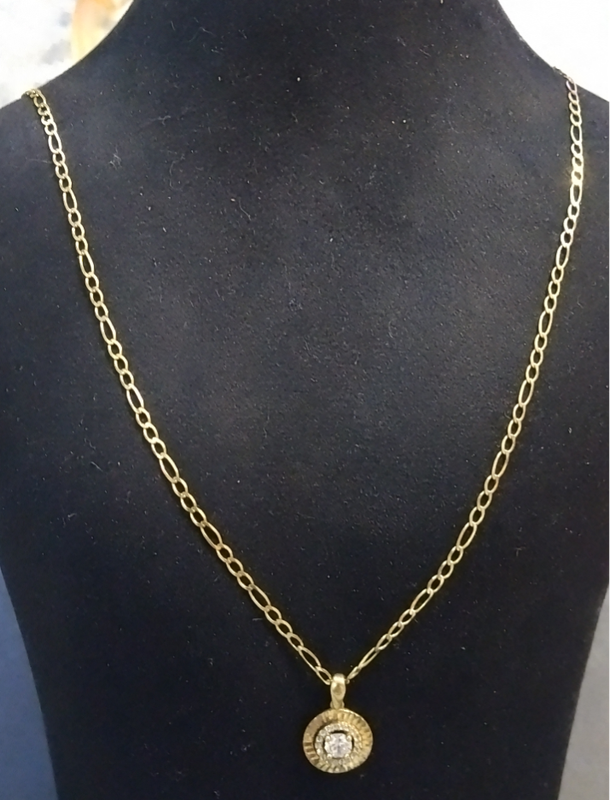 `CRAFTED` 0.25 Carat Diamond `Disc Pendant` with a `Figaro` 9CT Yellow Gold Chain.(Genuine Gold)