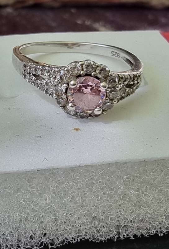 Round Cut / Pink Pave CZ 925 Sterling Silver  Halo ring.( Genuine Silver)