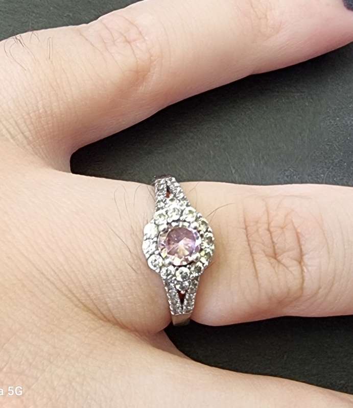 Round Cut / Pink Pave CZ 925 Sterling Silver  Halo ring.( Genuine Silver)