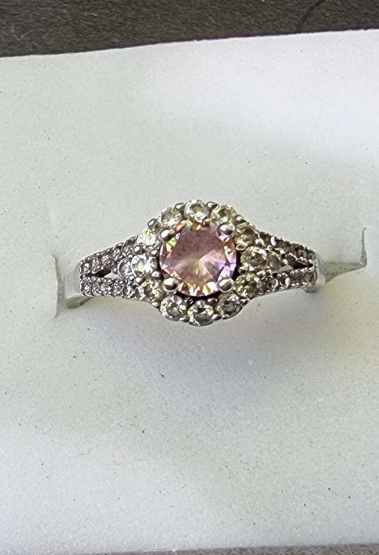Round Cut / Pink Pave CZ 925 Sterling Silver  Halo ring.( Genuine Silver)