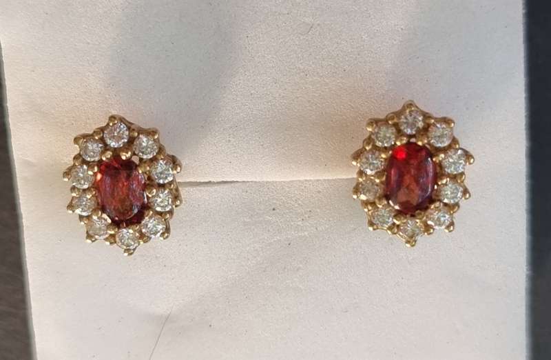 `RED GARNET` and `WHITE SAPPHIRE` Earrings. Set in 9CT Yellow Gold( Genuine Gold.)