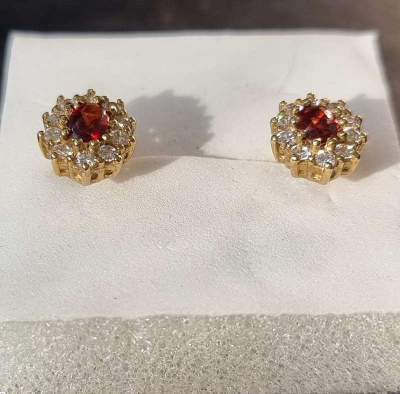 `RED GARNET` and `WHITE SAPPHIRE` Earrings. Set in 9CT Yellow Gold( Genuine Gold.)