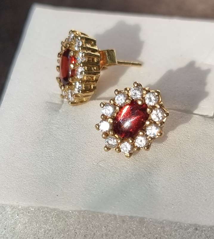 `RED GARNET` and `WHITE SAPPHIRE` Earrings. Set in 9CT Yellow Gold( Genuine Gold.)