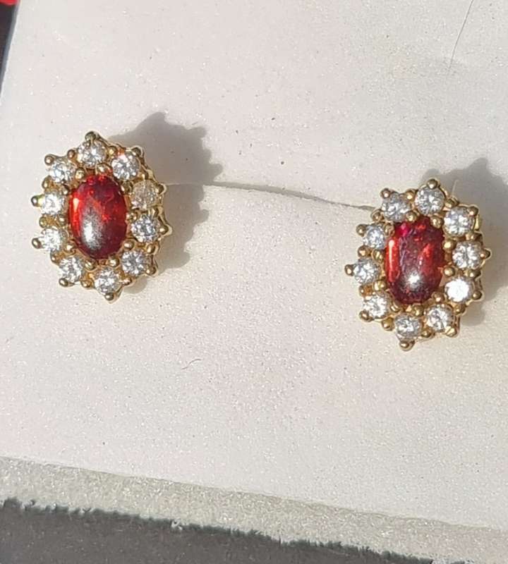 `RED GARNET` and `WHITE SAPPHIRE` Earrings. Set in 9CT Yellow Gold( Genuine Gold.)