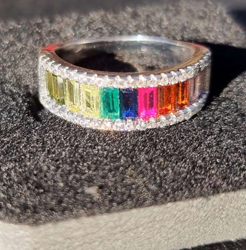 `ETERNITY RING` TUTTI FRUITY` Half Eternity Sterling Silver / CZ Band. ( Genuine Silver)