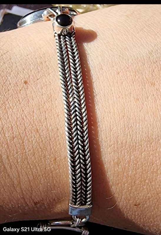 VINTAGE` Mexico Sterling Silver 925 HAND MADE Wheat Chain Bracelet with Oval Onyx and Toggle Closure