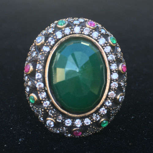 Vintage Style Oval Turkish Emerald CZ Solid .925 Sterling Silver Ring Size 8