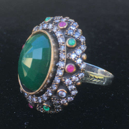 Vintage Style Oval Turkish Emerald CZ Solid .925 Sterling Silver Ring Size 8