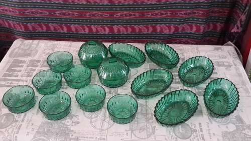 15 piece French green glass snack dish set for the holidays
