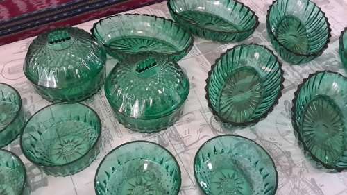 15 piece French green glass snack dish set for the holidays