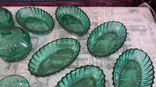 15 piece French green glass snack dish set for the holidays