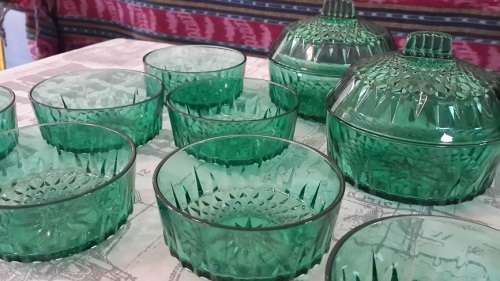 15 piece French green glass snack dish set for the holidays
