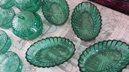 15 piece French green glass snack dish set for the holidays
