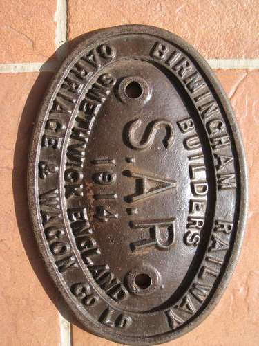 SAR MAKERS PLATE !!! 1914 BIRMINGHAM RAILWAY CARRIAGE & WAGON Co
