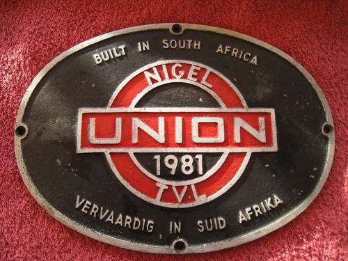 SAR LOCO MAKERS PLATE NIGEL UNION 1981 TVL