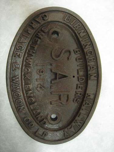 SAR MAKERS PLATE !!! 1914 BIRMINGHAM RAILWAY CARRIAGE & WAGON Co