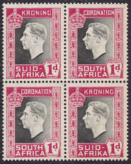 UNION : 1937, CORONATION (1d) BLOCK OF 4, AFR FIRST (**MINT)