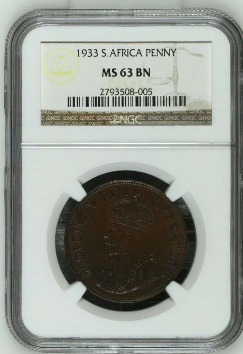 RARE 1933 S. AFRICA PENNY : NGC GRADED MS63