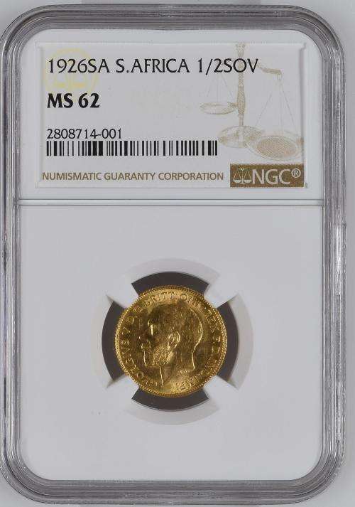 1926SA GOLD HALF SOVEREIGN - NGC MS62