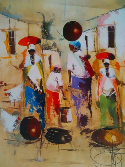 A VERY NICELY DONE OIL ON CANVAS BY WELL KNOWN SELF TAUGHT ARTIST NDABUKO NTULI